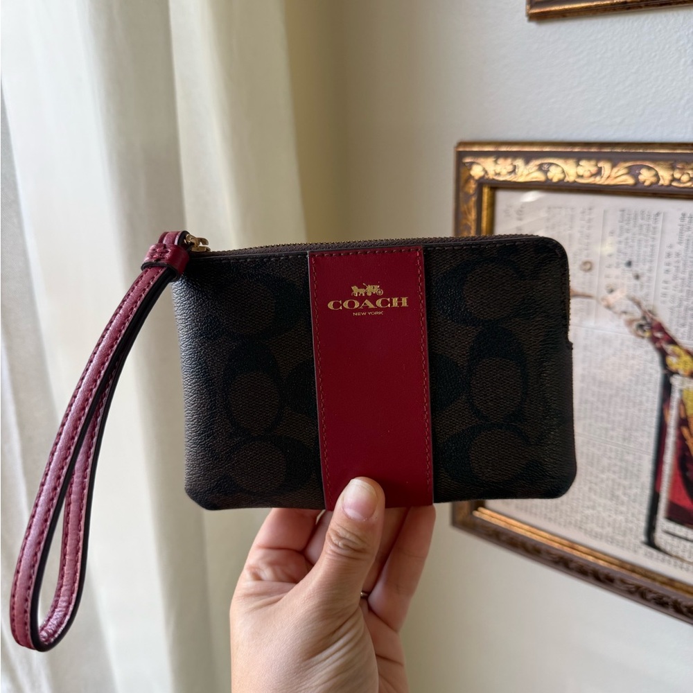 Coach Brown Signature Canvas Tote with Black Handles and Red Accent Pouch Set - Picture 6 of 12